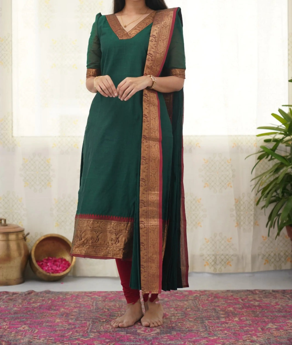 Elegant Silk Cotton Kurti and Dupatta Set with Weaving Work