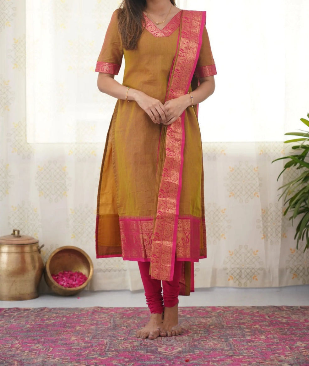 Elegant Silk Cotton Kurti and Dupatta Set with Weaving Work
