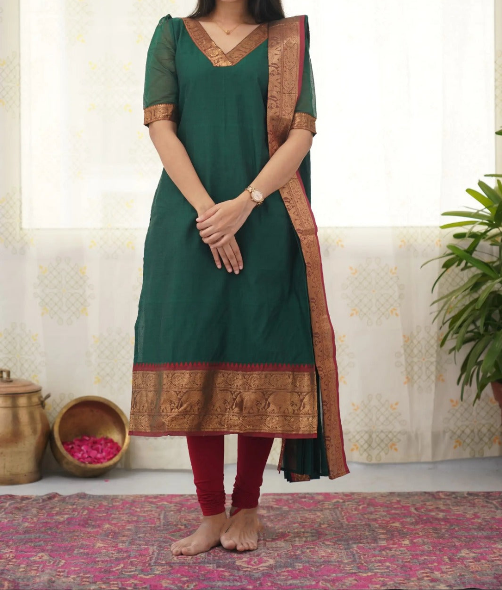 Elegant Silk Cotton Kurti and Dupatta Set with Weaving Work