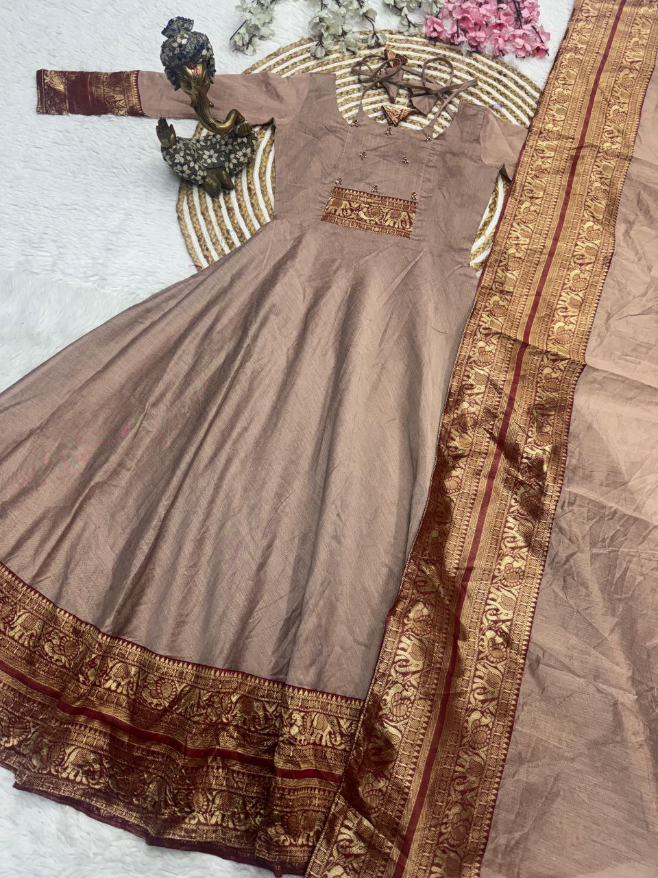 Premium Pattu Cotton Handwork Kurta Set with Jacquard Zari Border & Dupatta