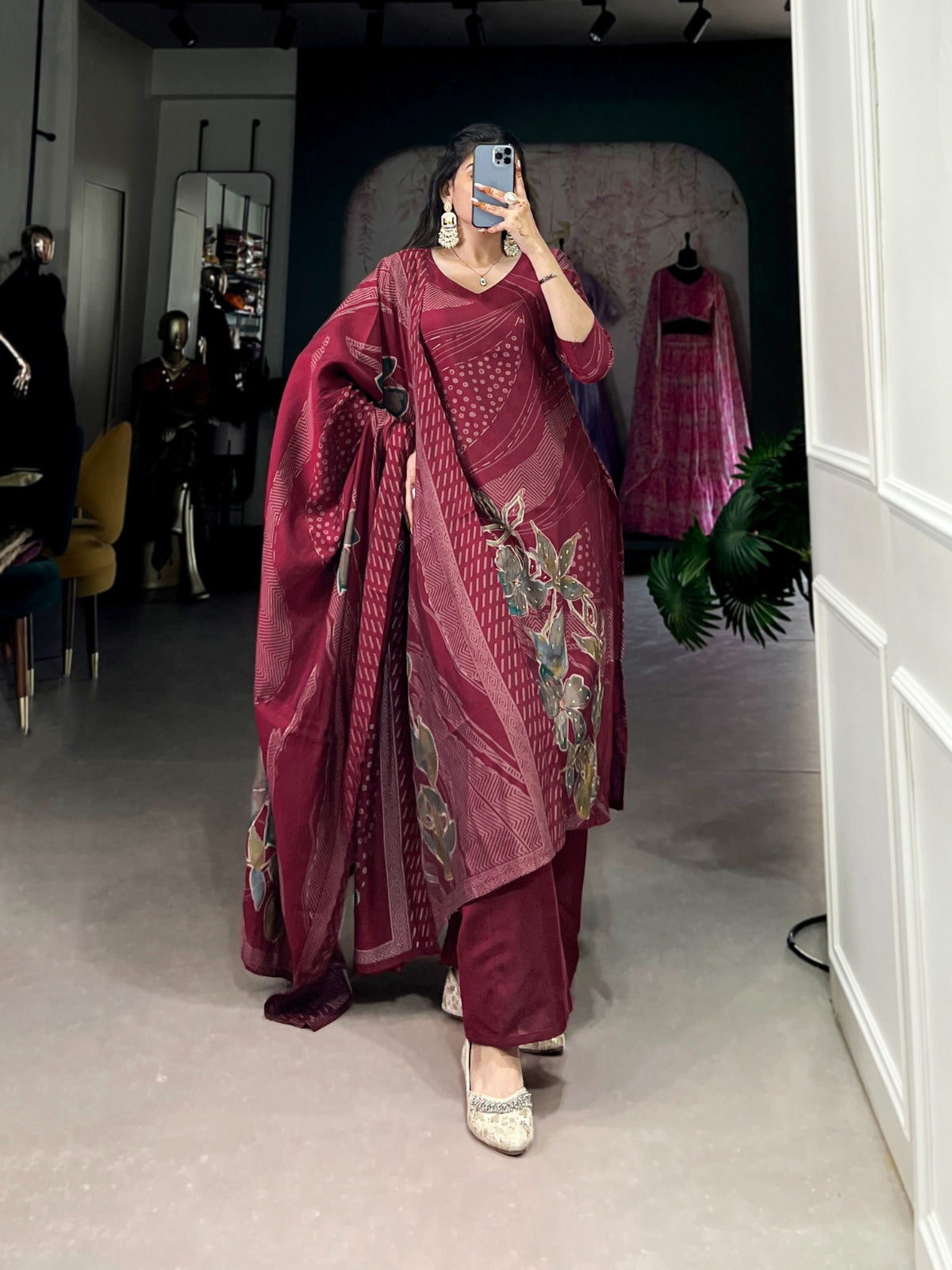 Beaded Floral Print Salwar Suit