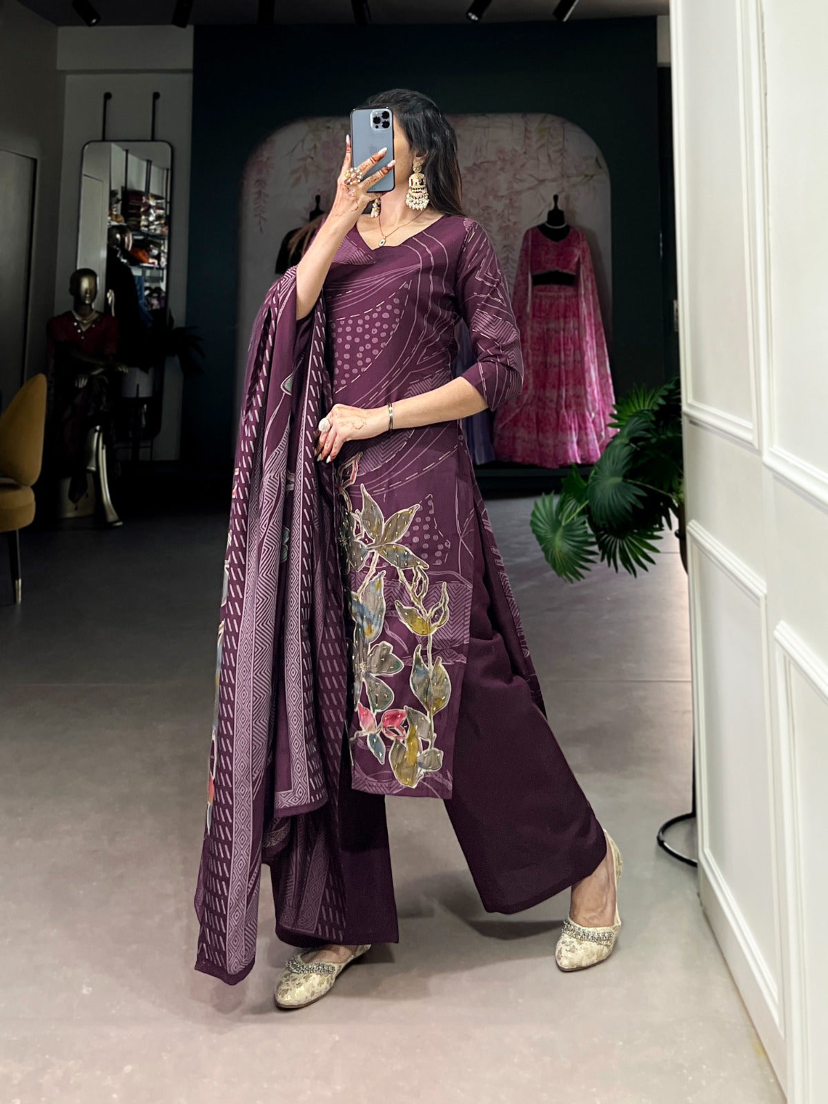 Beaded Floral Print Salwar Suit