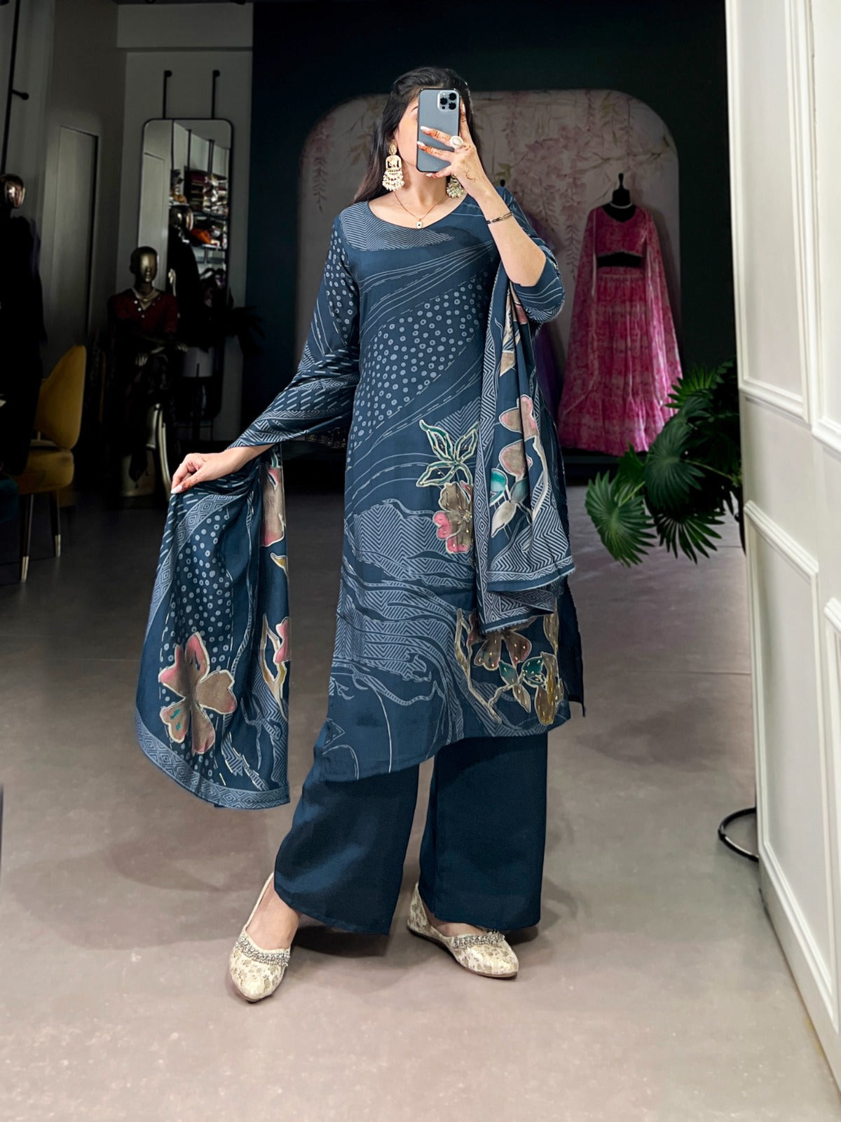Beaded Floral Print Salwar Suit