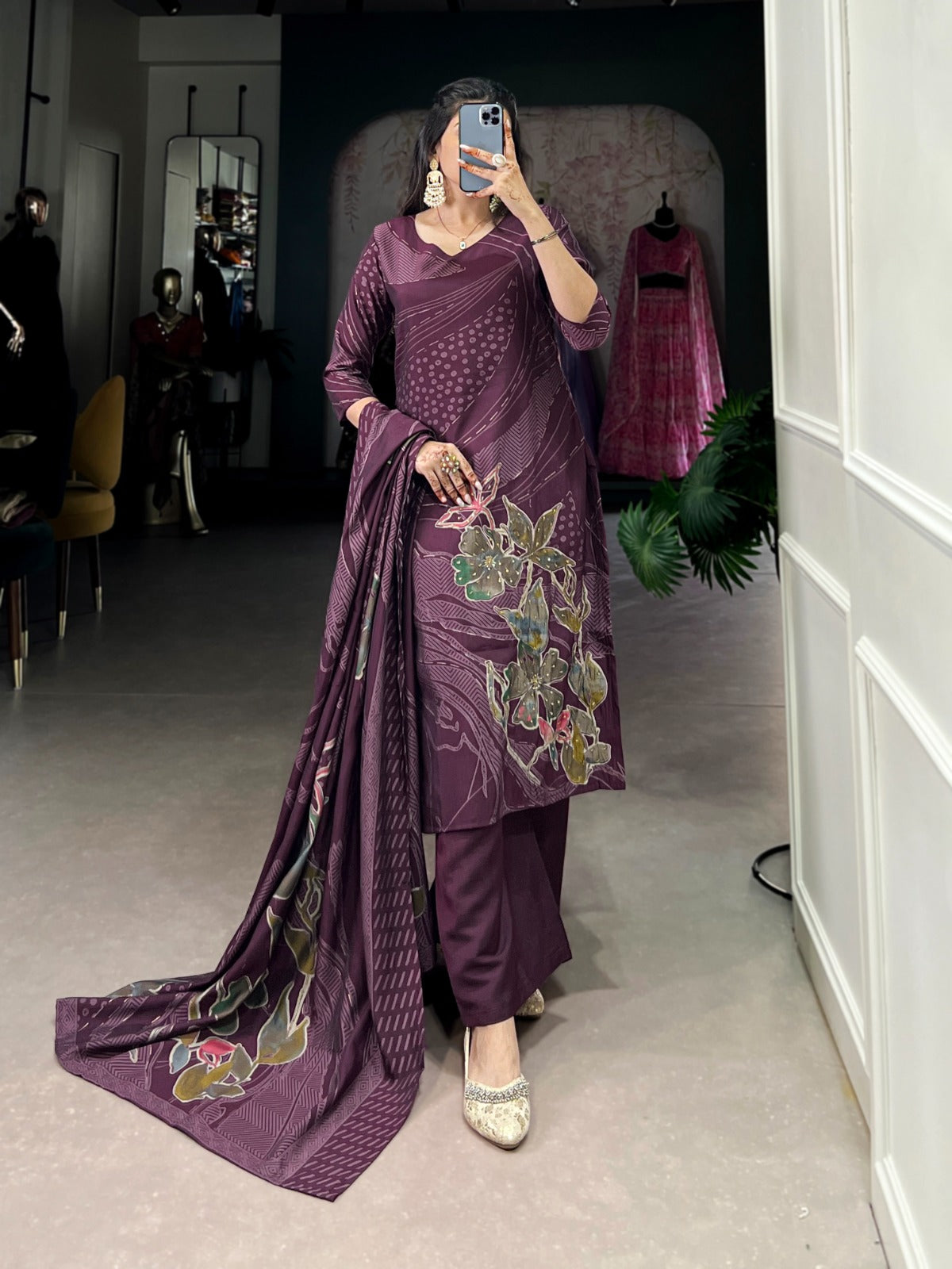 Beaded Floral Print Salwar Suit