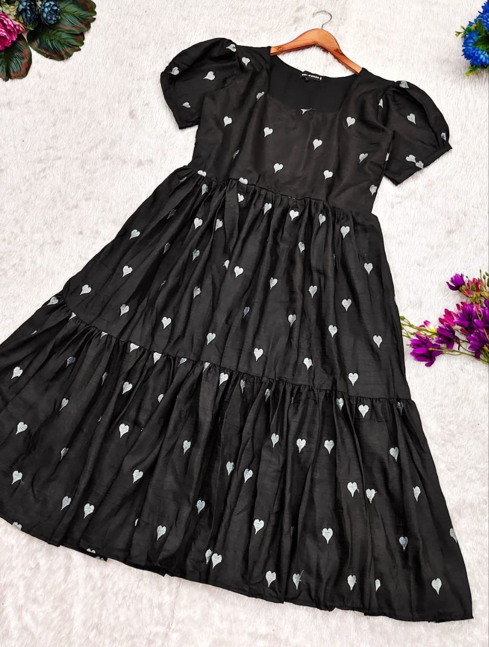 Premium Black Love Maxi Dress: Embroidery Heart Design