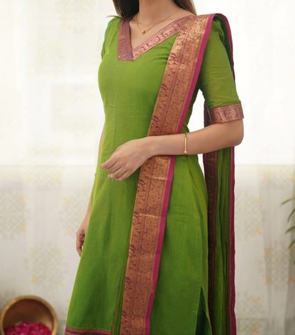 Elegant Silk Cotton Kurti and Dupatta Set with Weaving Work