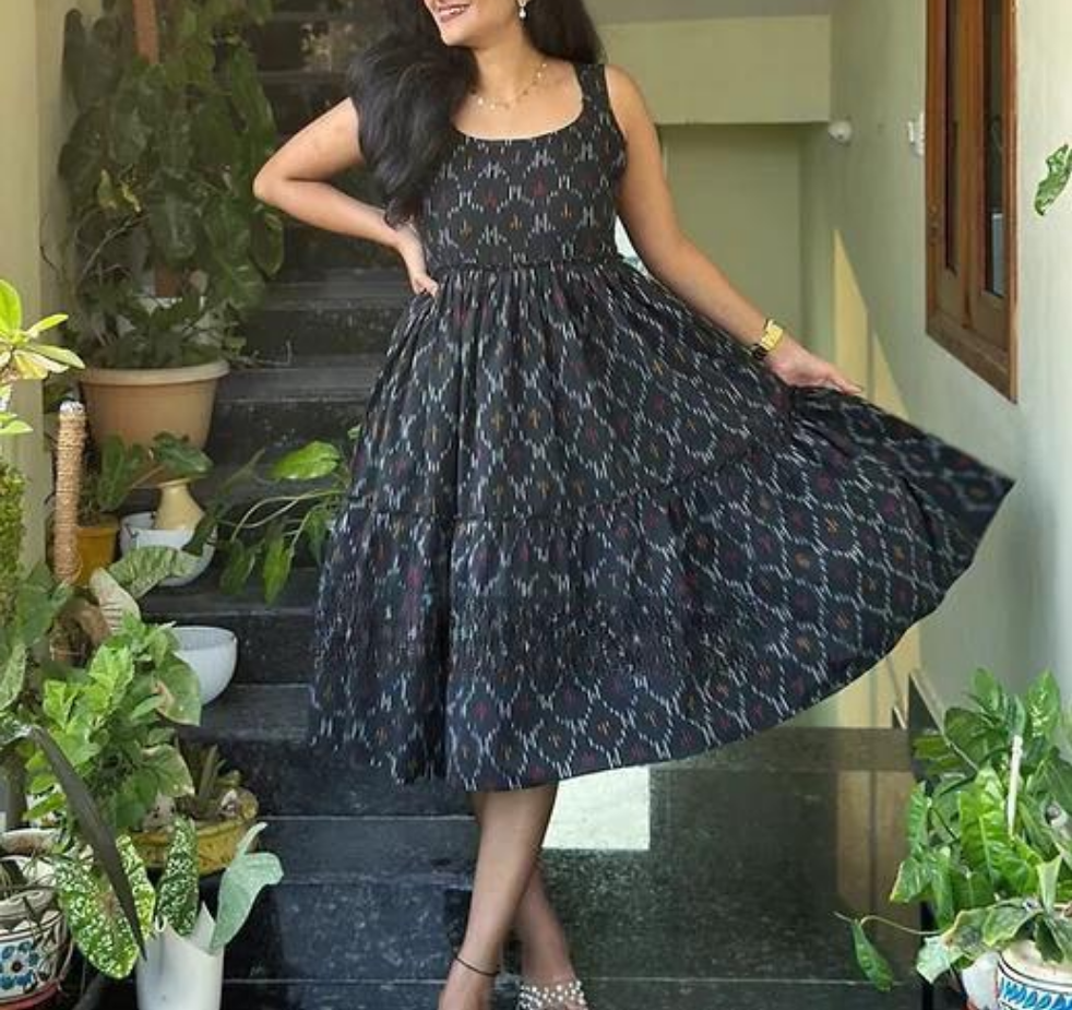 "Elegant Cotton Kurti with Ikkat Print & Frill Hem"
