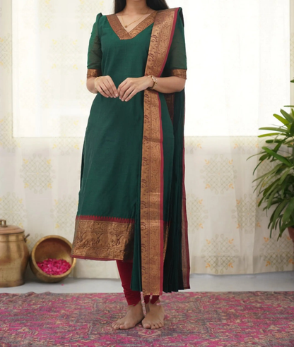 Elegant Silk Cotton Kurti and Dupatta Set with Weaving Work