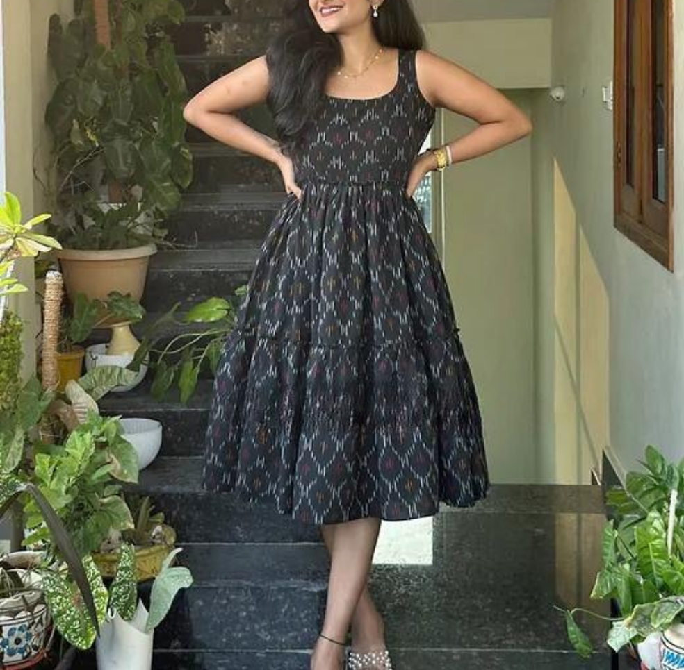 "Elegant Cotton Kurti with Ikkat Print & Frill Hem"