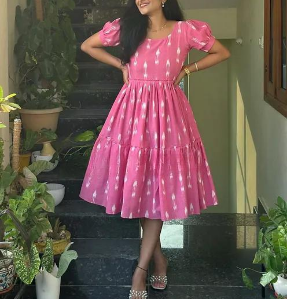"Elegant Cotton Kurti with Ikkat Print & Frill Hem"