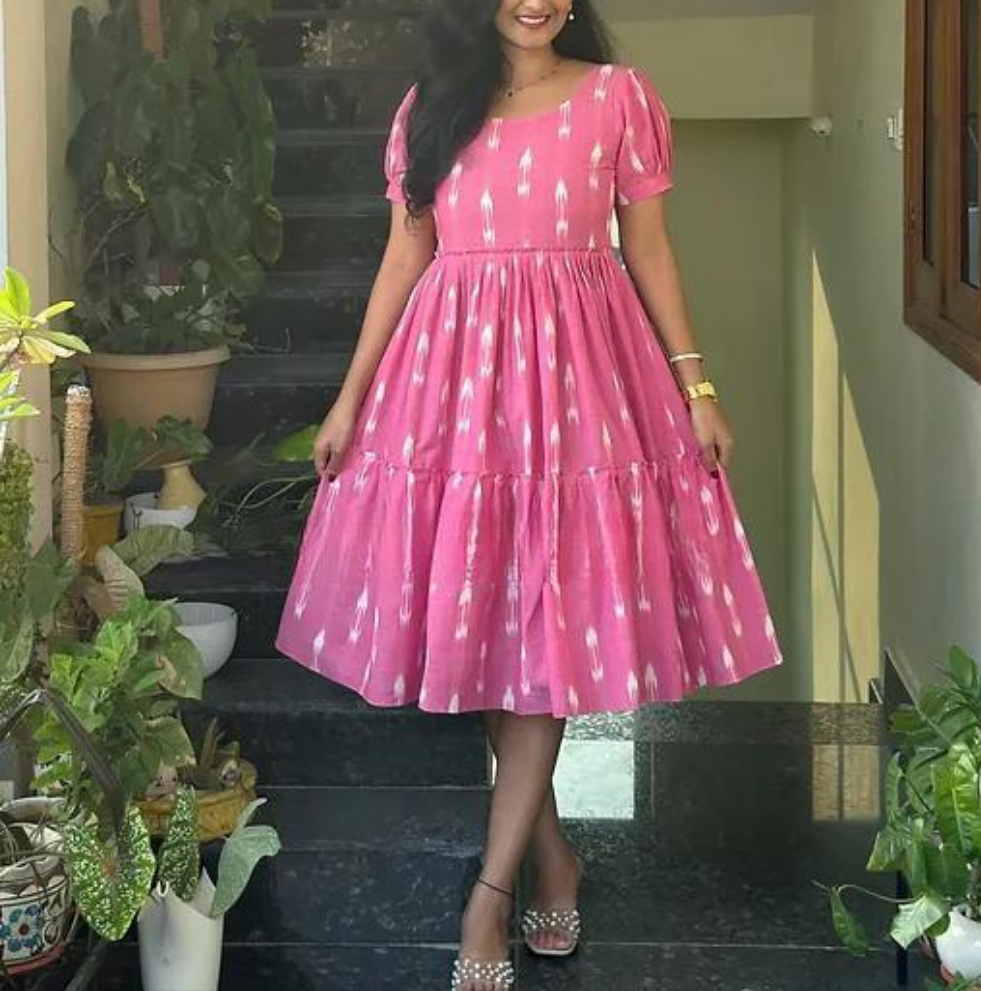 "Elegant Cotton Kurti with Ikkat Print & Frill Hem"