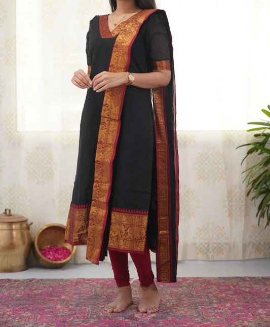 Elegant Silk Cotton Kurti and Dupatta Set with Weaving Work