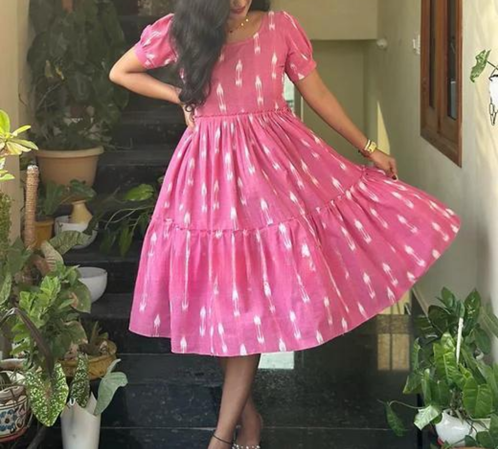 "Elegant Cotton Kurti with Ikkat Print & Frill Hem"