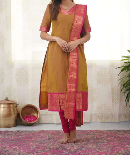 Elegant Silk Cotton Kurti and Dupatta Set with Weaving Work