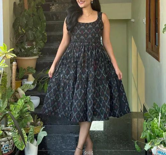 "Elegant Cotton Kurti with Ikkat Print & Frill Hem"