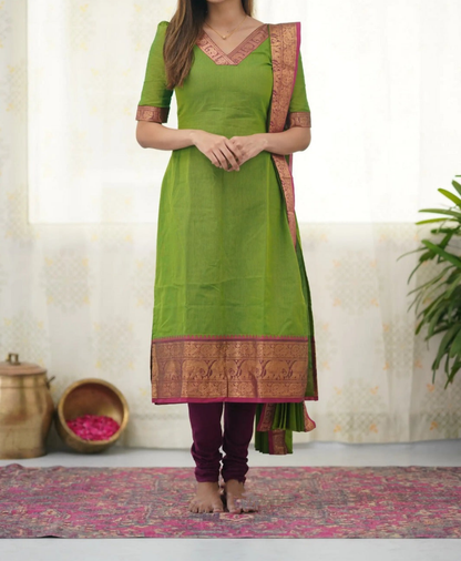 Elegant Silk Cotton Kurti and Dupatta Set with Weaving Work