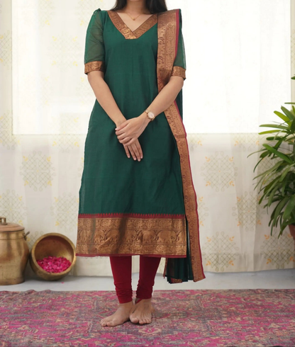 Elegant Silk Cotton Kurti and Dupatta Set with Weaving Work