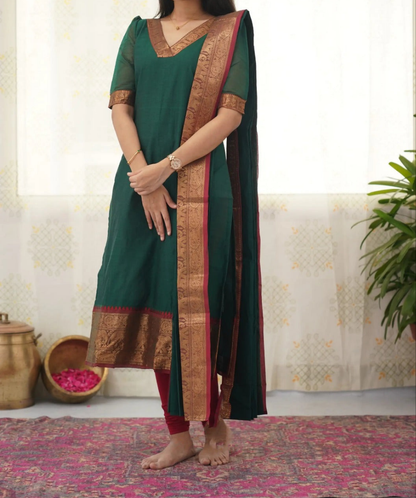 Elegant Silk Cotton Kurti and Dupatta Set with Weaving Work