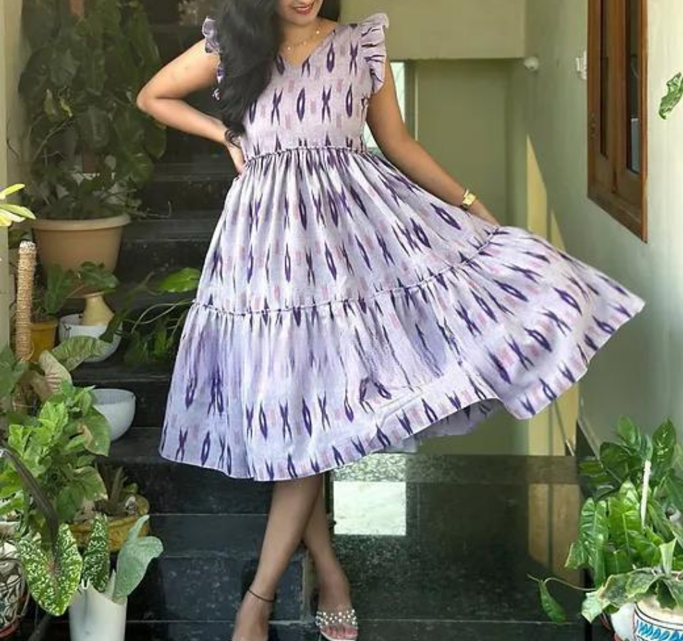 "Elegant Cotton Kurti with Ikkat Print & Frill Hem"