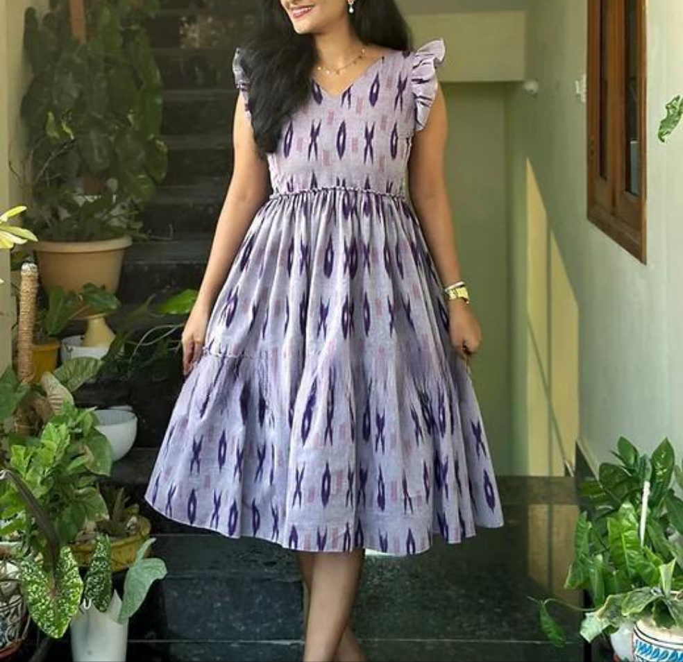 "Elegant Cotton Kurti with Ikkat Print & Frill Hem"