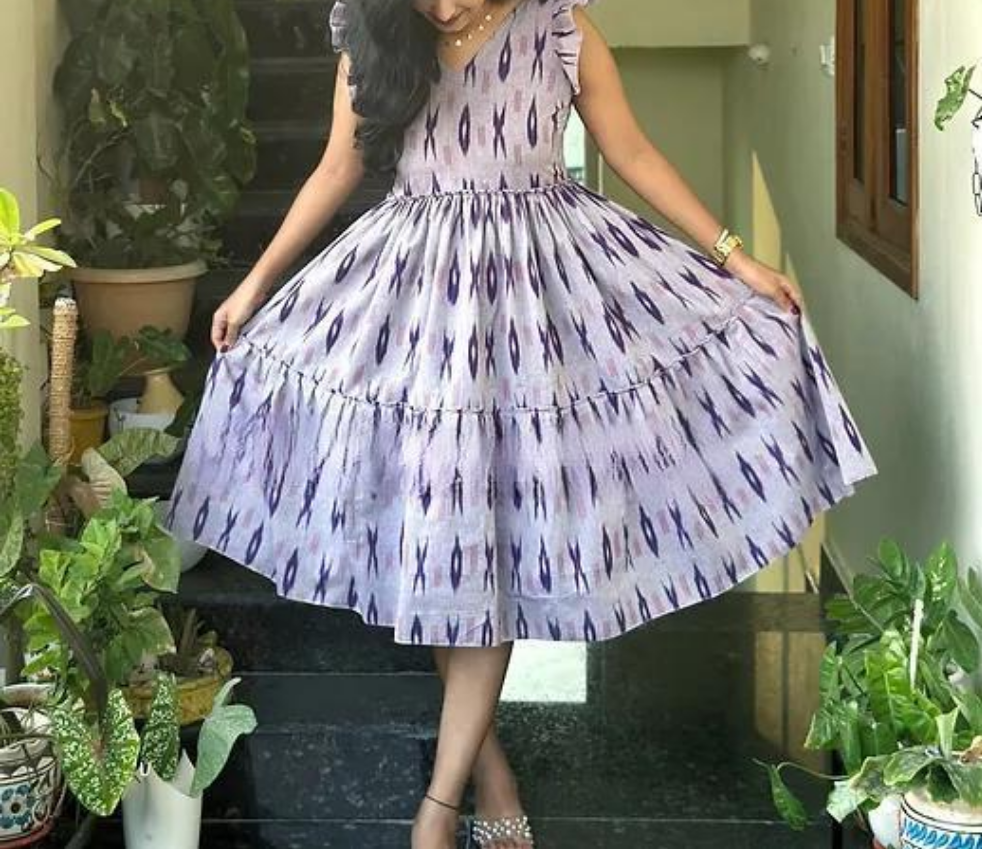 "Elegant Cotton Kurti with Ikkat Print & Frill Hem"