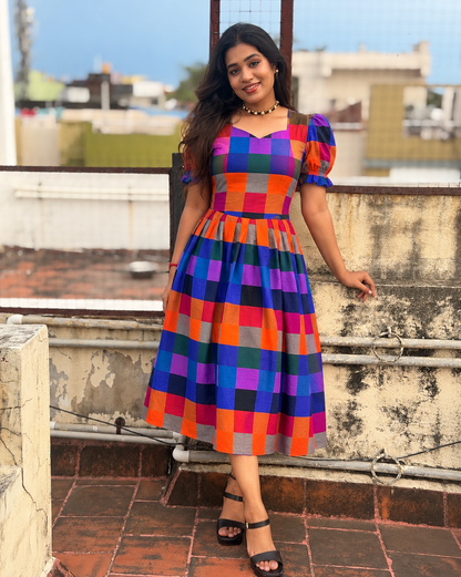 Chitra Madras Checks  Cotton Midi ( BUY 1 GET 1 FREE SURPRISE KURTI )