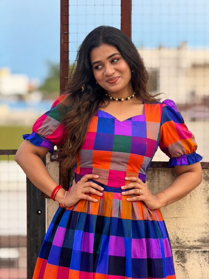 Chitra Madras Checks  Cotton Midi ( BUY 1 GET 1 FREE SURPRISE KURTI )
