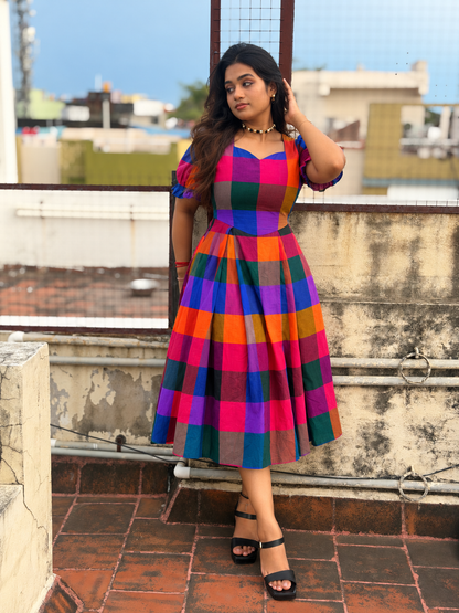 Chitra Madras Checks  Cotton Midi ( BUY 1 GET 1 FREE SURPRISE KURTI )
