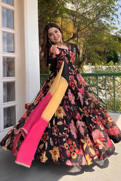 Black Floral Anarkali Suit Set