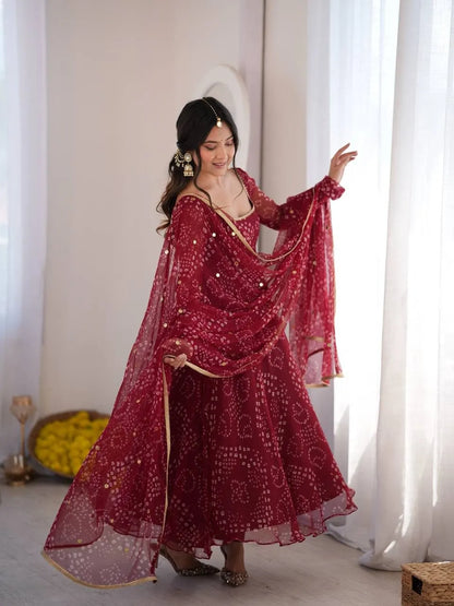 Jaipuri Bandhani Print   Anarkali Suit Set With Mirror Work