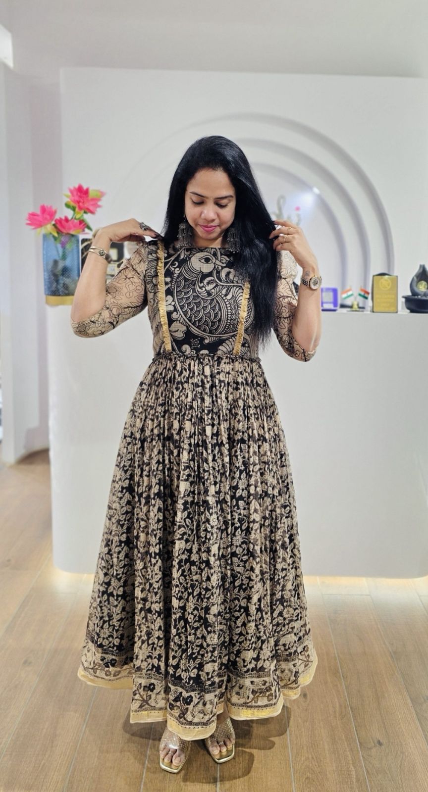 Premium Peacock Cubic Kota Kalamkari Frock