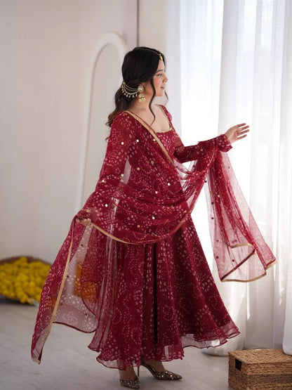 Jaipuri Bandhani Print   Anarkali Suit Set With Mirror Work