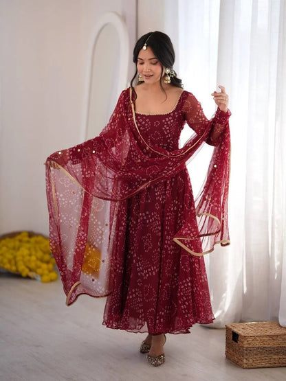 Jaipuri Bandhani Print   Anarkali Suit Set With Mirror Work