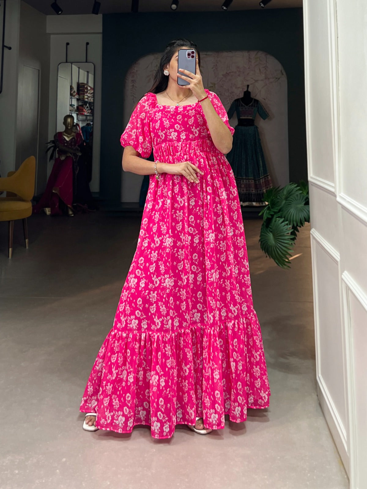 "Ready-to-Wear Georgette Anarkali Gown - Floral Print"