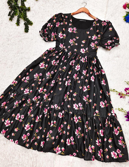 Elegant Black Cherry Blossom Maxi Dress: Soft Cotton