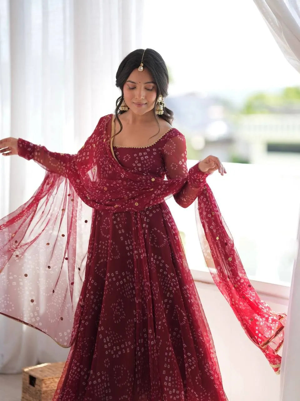 Jaipuri Bandhani Print   Anarkali Suit Set With Mirror Work