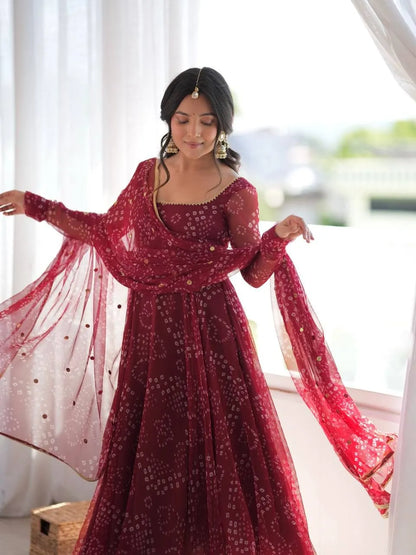 Jaipuri Bandhani Print   Anarkali Suit Set With Mirror Work