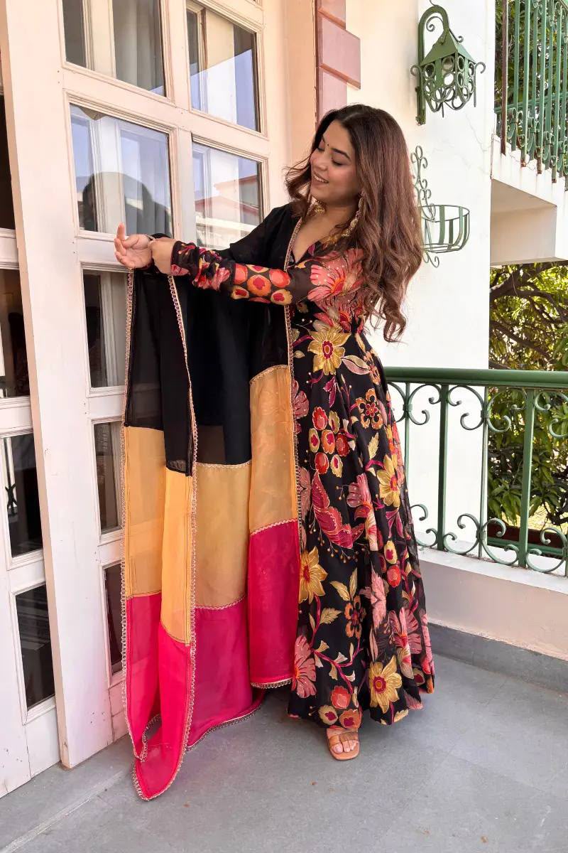 Black Floral Anarkali Suit Set