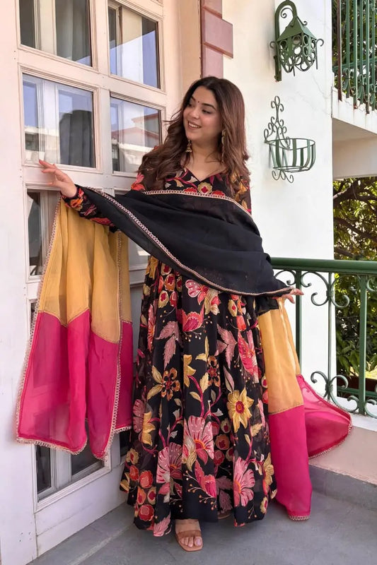 Black Floral Anarkali Suit Set