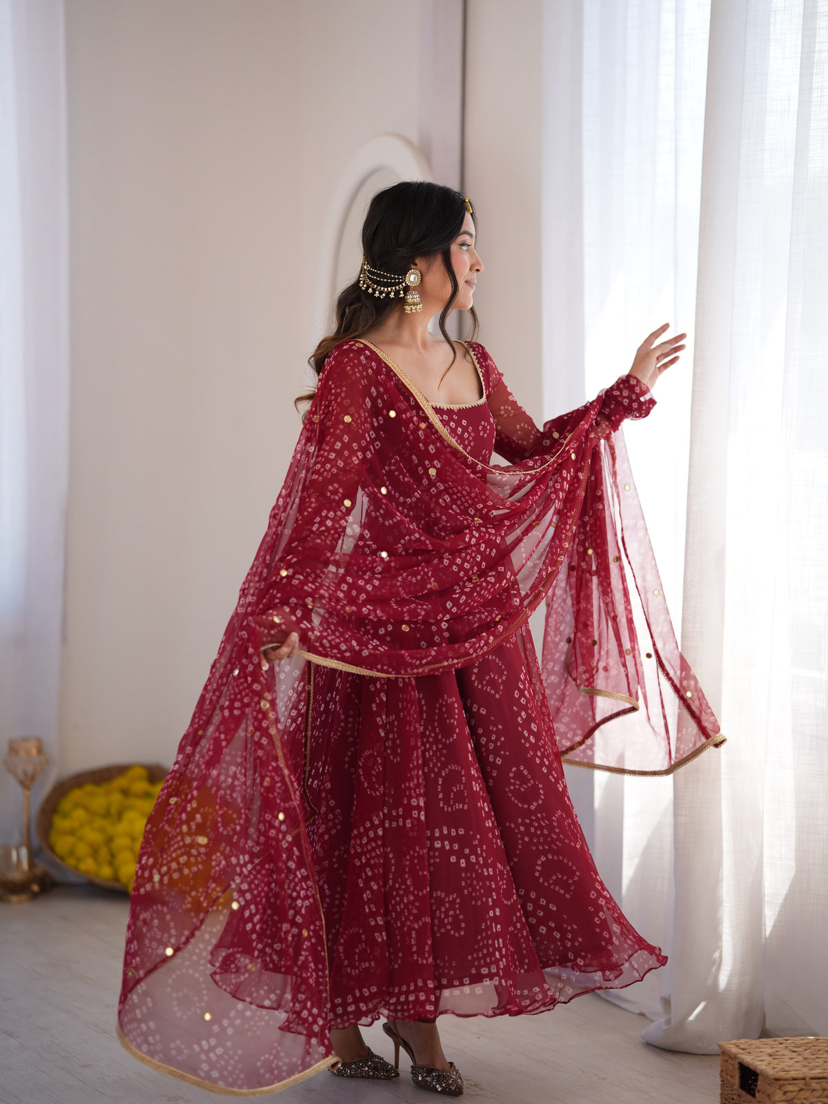 Jaipuri Bandhani Print   Anarkali Suit Set With Mirror Work