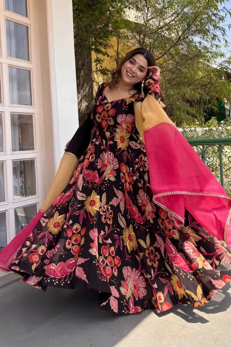Black Floral Anarkali Suit Set