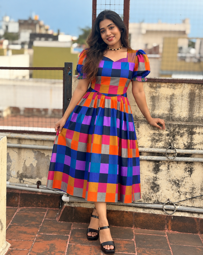 Chitra Madras Checks  Cotton Midi ( BUY 1 GET 1 FREE SURPRISE KURTI )