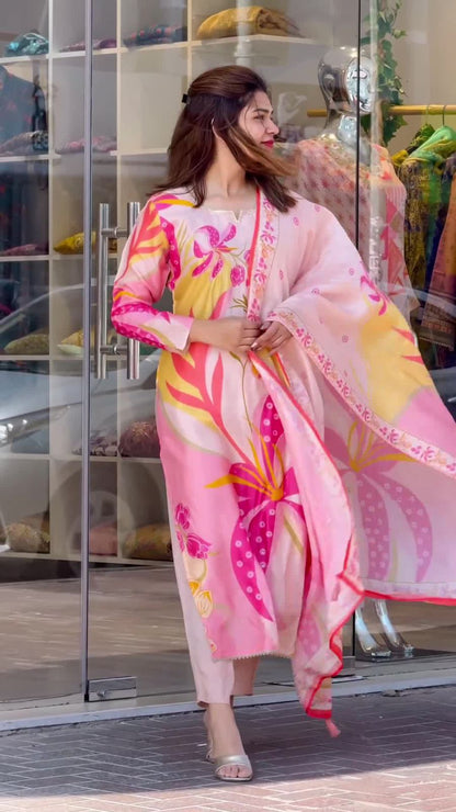 Elegant Viscose Kurti Pant Dupatta Set - Organza Dupatta